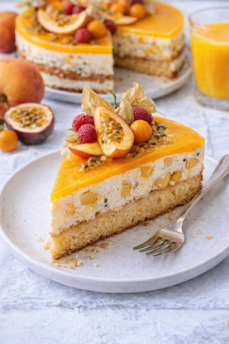 Pfirsich-Maracuja-Torte auf einem Teller, dekoriert mit frischen Früchten.
