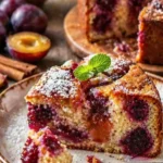 Leckerer Pflaumenkuchen aus der Kastenform auf einem Teller, serviert mit Sahne.