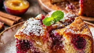 Leckerer Pflaumenkuchen aus der Kastenform auf einem Teller, serviert mit Sahne.