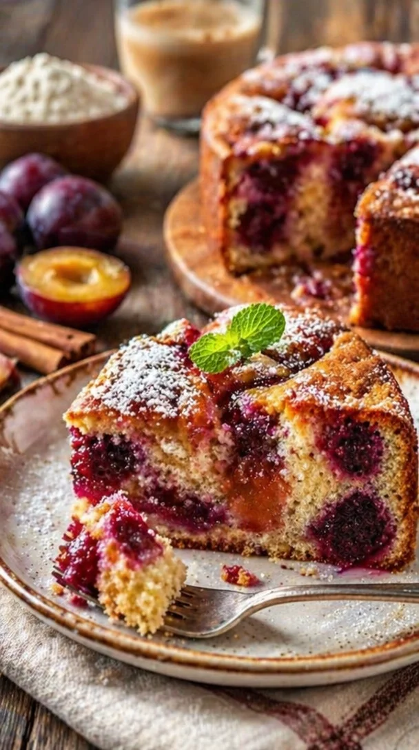 Leckerer Pflaumenkuchen aus der Kastenform auf einem Teller, serviert mit Sahne.