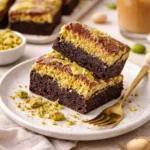 Pistazien-Brownies in einer appetitlichen Präsentation auf einem Teller.