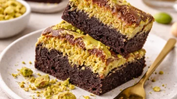 Pistazien-Brownies in einer appetitlichen Präsentation auf einem Teller.