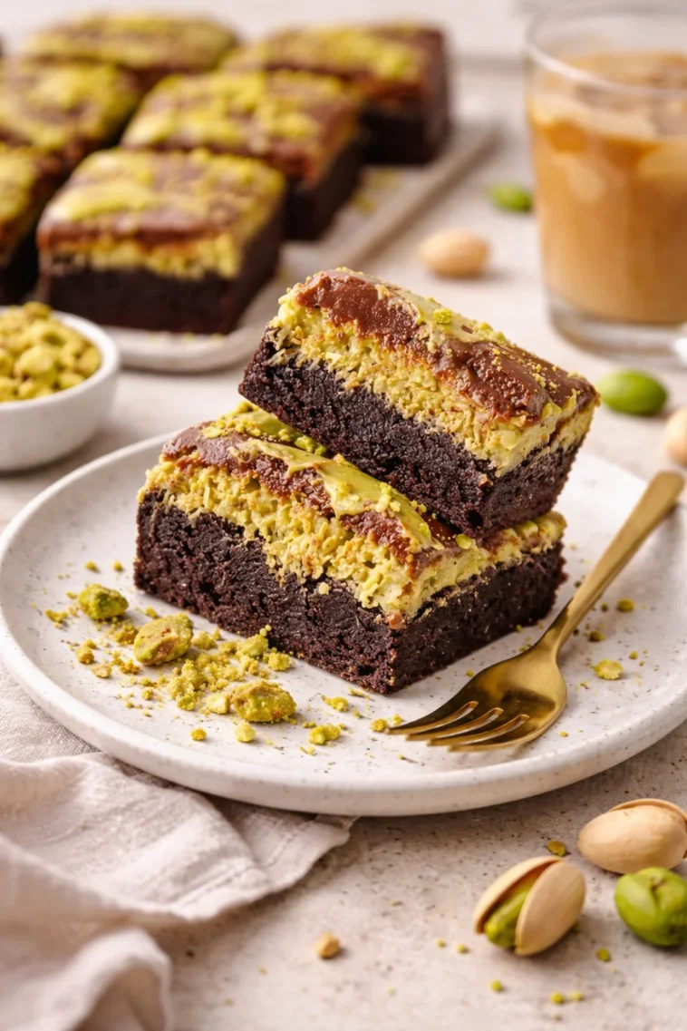 Pistazien-Brownies in einer appetitlichen Präsentation auf einem Teller.