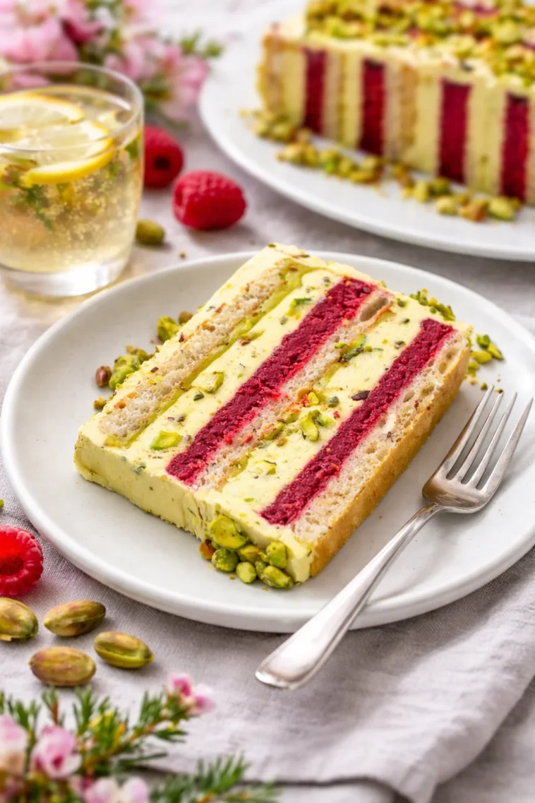 Leckere Pistazien-Himbeertorte mit frischen Himbeeren und Pistazien