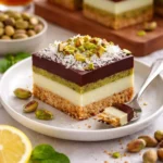 Pistazien-Käsekuchen auf einem Teller garniert mit frischen Pistazien