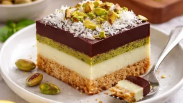 Pistazien-Käsekuchen auf einem Teller garniert mit frischen Pistazien