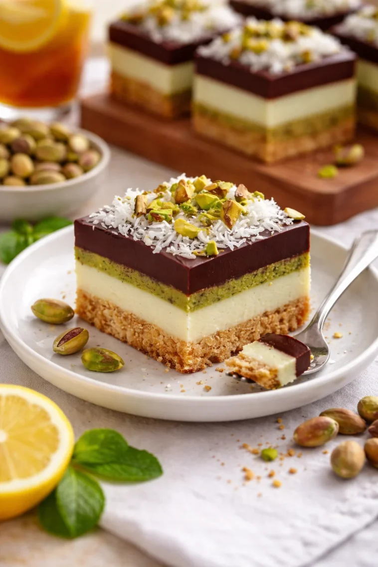 Pistazien-Käsekuchen auf einem Teller garniert mit frischen Pistazien