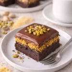 Pistazien-Kunafa-Brownies auf einem Teller, dekoriert mit Pistazien.