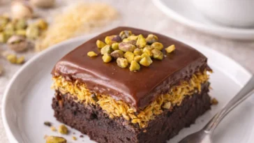 Pistazien-Kunafa-Brownies auf einem Teller, dekoriert mit Pistazien.