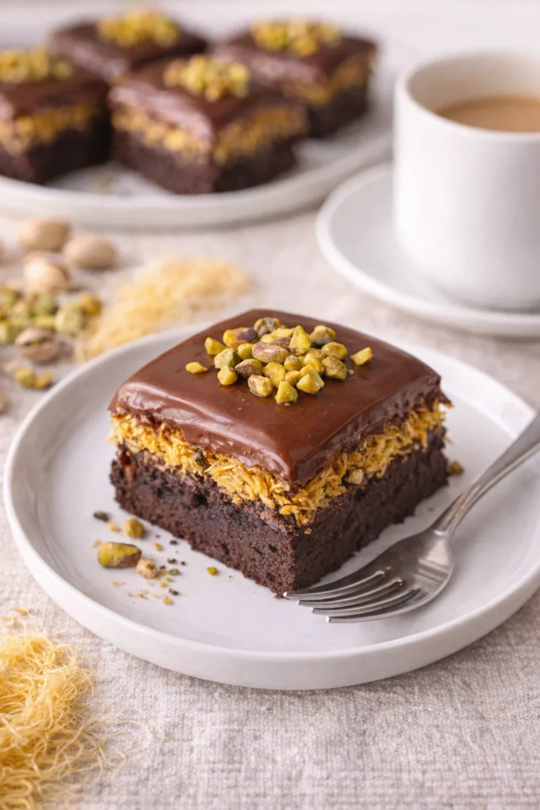 Pistazien-Kunafa-Brownies auf einem Teller, dekoriert mit Pistazien.