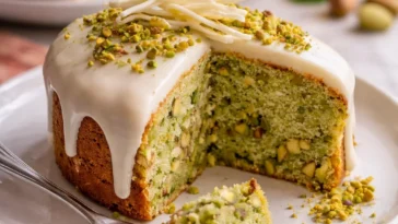 Luftiger Pistazien Osterkuchen mit süßer Füllung aus weißer Schokolade