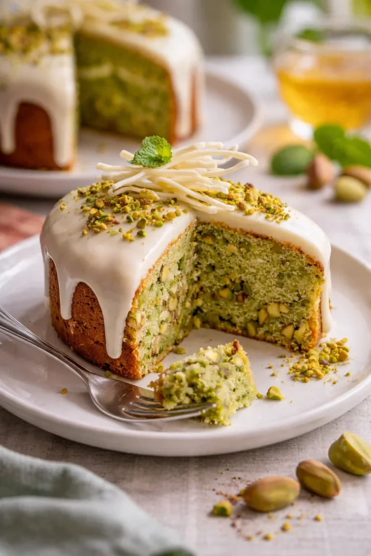 Luftiger Pistazien Osterkuchen mit süßer Füllung aus weißer Schokolade