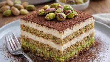 leckeres Pistazien-Tiramisu auf einem Teller serviert