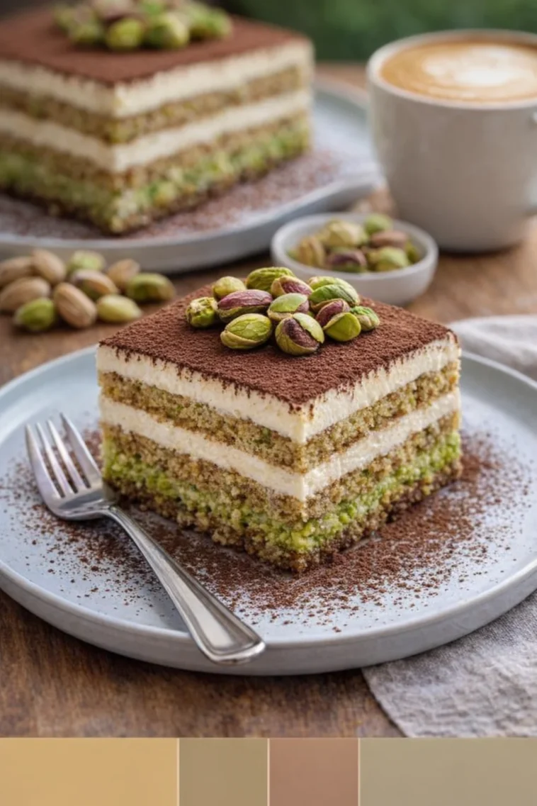 leckeres Pistazien-Tiramisu auf einem Teller serviert