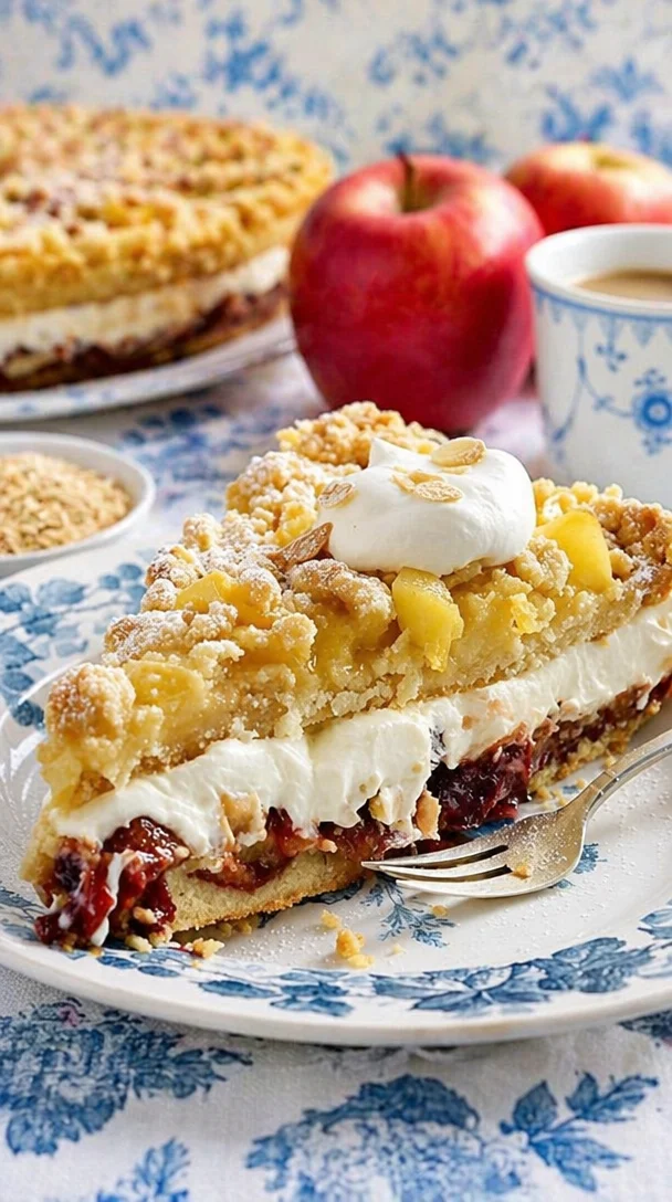 Traditionelle Prassel-Bauerntorte mit frischen Zutaten serviert.