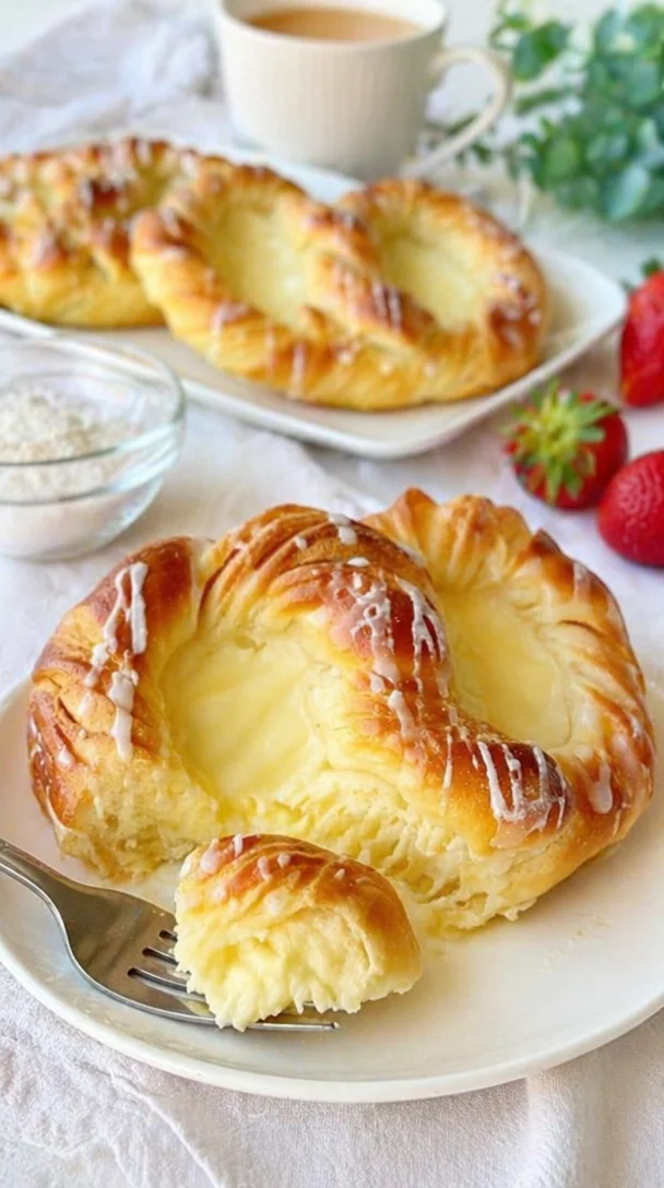 Leckere Puddingbrezel auf einem Teller, frisch aus dem Ofen.