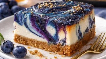 Ravenclaw Mitternachts-Blaubeer-Käsekuchen auf einem eleganten Teller präsentiert.