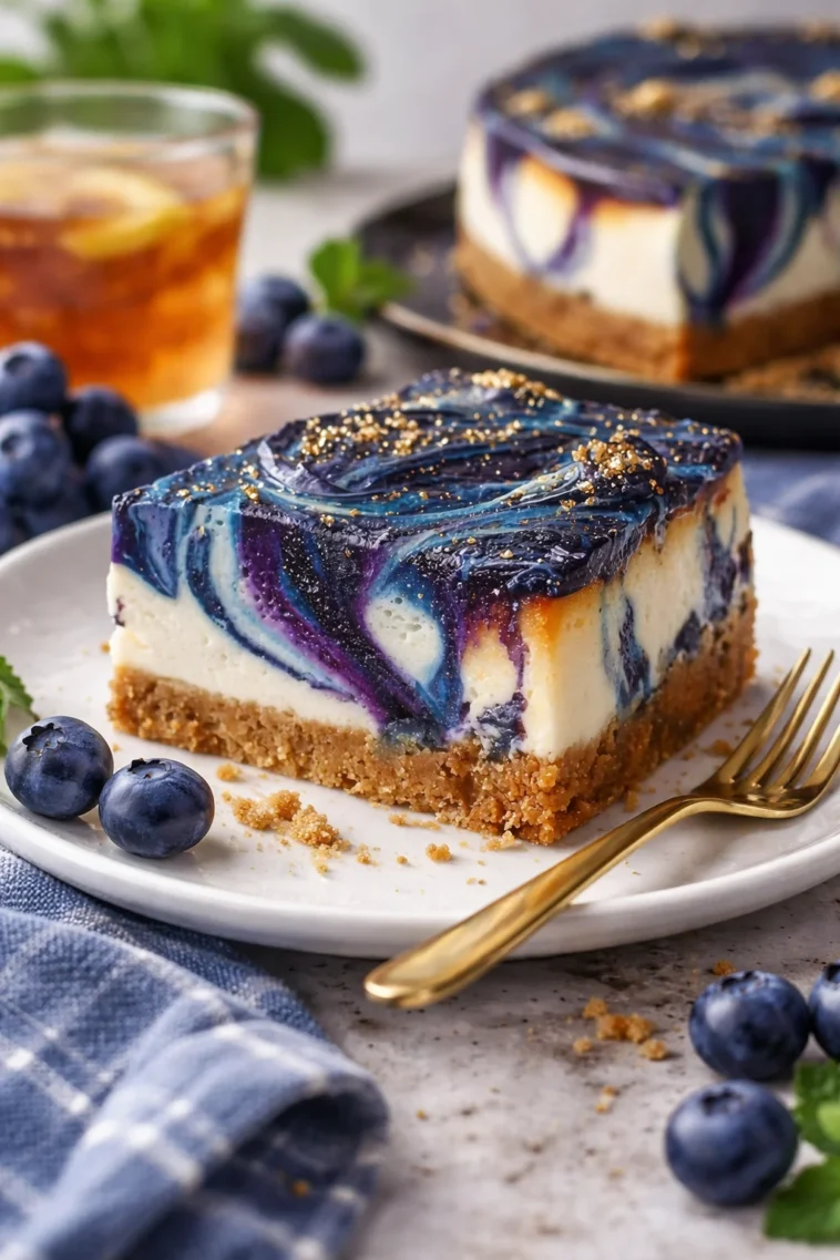 Ravenclaw Mitternachts-Blaubeer-Käsekuchen auf einem eleganten Teller präsentiert.