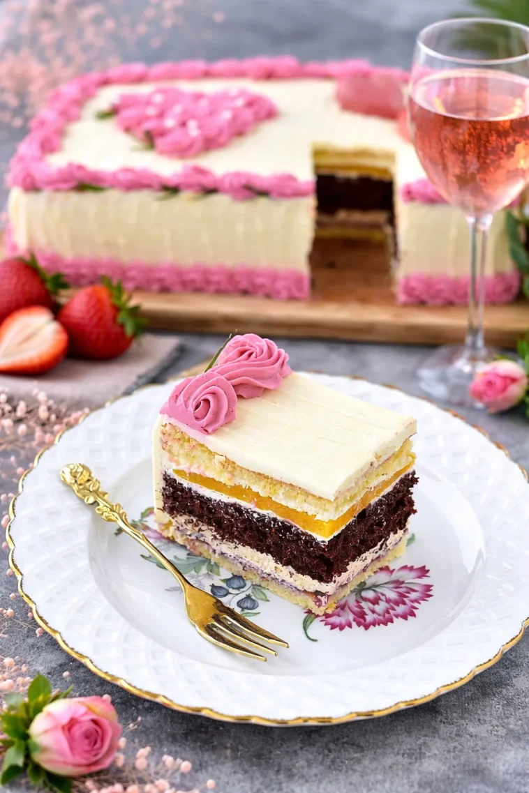 Rechteckige Torte mit dekorativen Herzen für feierliche Anlässe