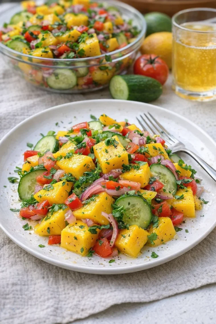 Erfrischender Mango-Salat mit Limetten-Dressing auf einem Teller