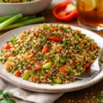 Reissalat mit Gemüse und Sesam-Chili-Dressing auf einem Teller