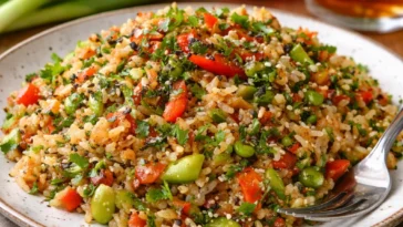 Reissalat mit Gemüse und Sesam-Chili-Dressing auf einem Teller