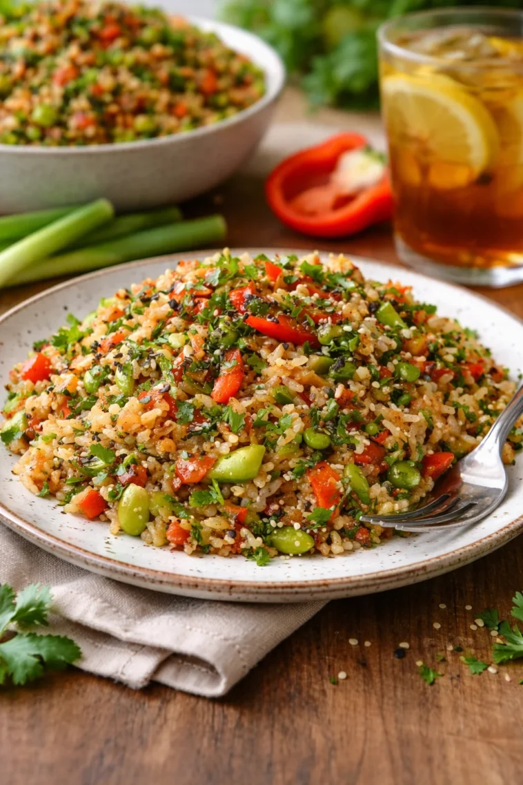 Reissalat mit Gemüse und Sesam-Chili-Dressing auf einem Teller