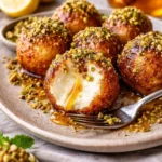 Ricotta Häppchen mit Pistazien und Honig auf einem Teller