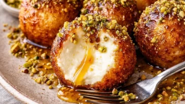 Ricotta Häppchen mit Pistazien und Honig auf einem Teller