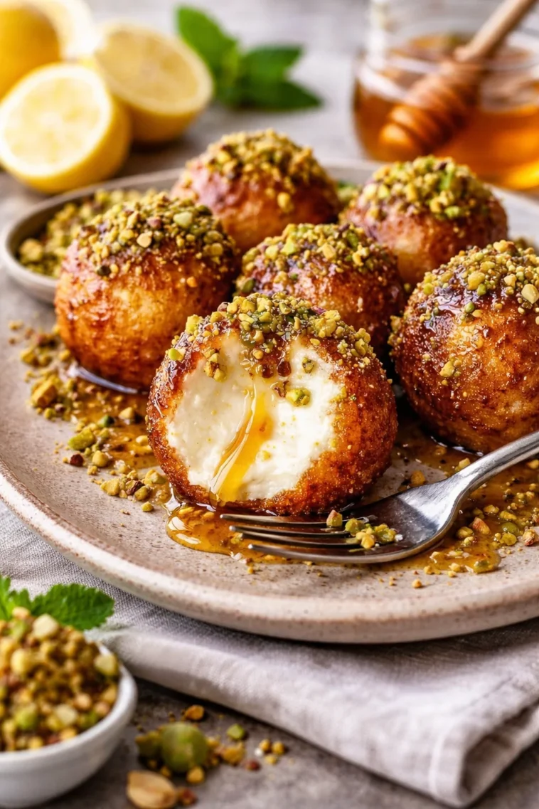 Ricotta Häppchen mit Pistazien und Honig auf einem Teller