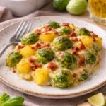 Rosenkohlauflauf mit Kartoffeln und Speck in einer klassischen Auflaufform