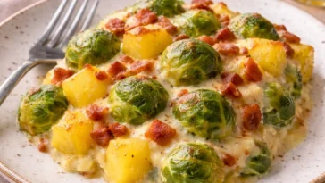 Rosenkohlauflauf mit Kartoffeln und Speck in einer klassischen Auflaufform