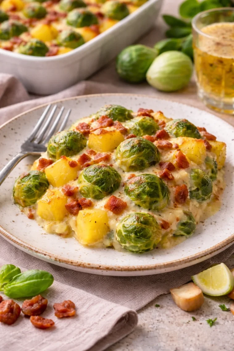 Rosenkohlauflauf mit Kartoffeln und Speck in einer klassischen Auflaufform