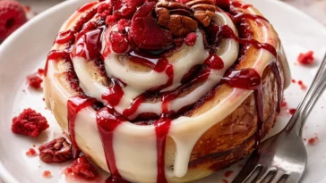 Leckere rote Samt-Zimtschnecken mit Zimt-Geschmack auf einem Teller