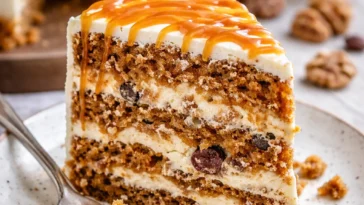 Ein köstliches Rüblitörtchen, dekoriert mit zarter Frischkäseglasur und Nüssen.