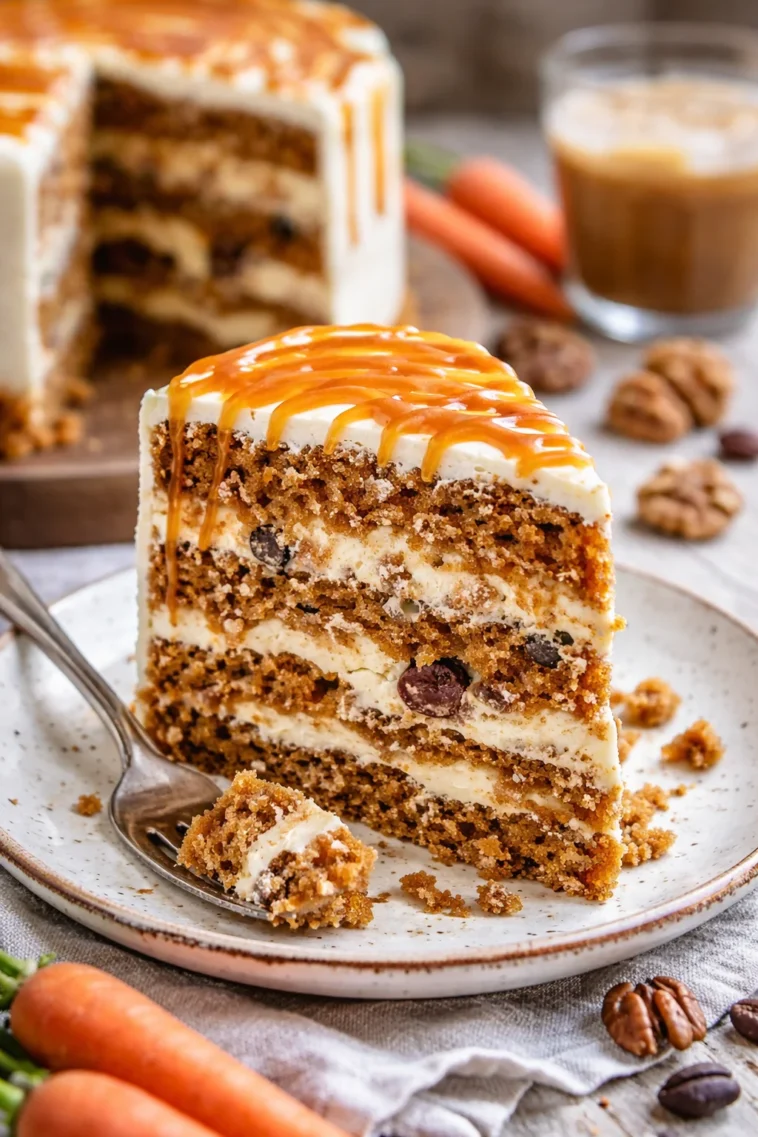 Ein köstliches Rüblitörtchen, dekoriert mit zarter Frischkäseglasur und Nüssen.