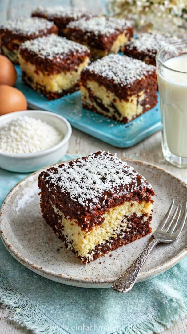 Saftiger Bounty Kuchen vom Blech mit Kokos und Schokolade dekoriert