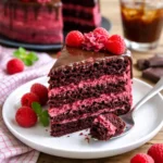 Saftiger Himbeer-Schokoladenkuchen mit frischen Himbeeren und Schokoladenglasur