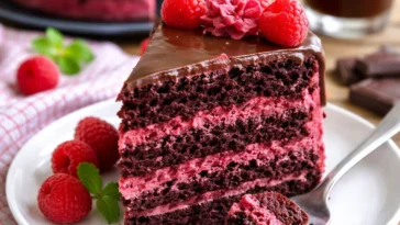 Saftiger Himbeer-Schokoladenkuchen mit frischen Himbeeren und Schokoladenglasur