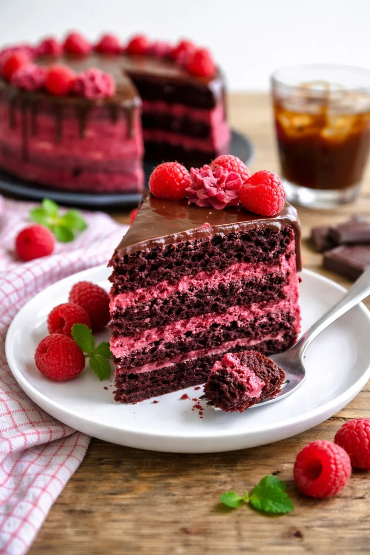 Saftiger Himbeer-Schokoladenkuchen mit frischen Himbeeren und Schokoladenglasur