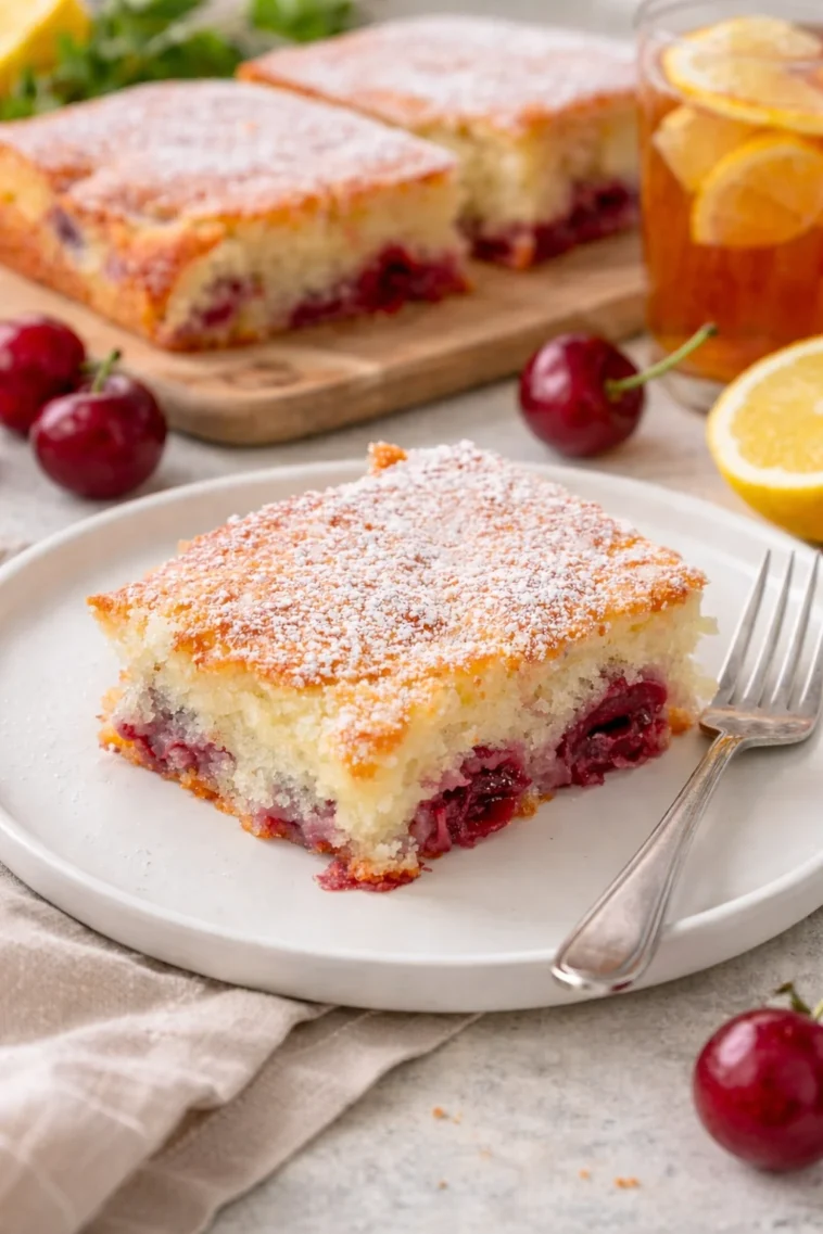 Saftiger Kirschkuchen mit Buttermilch auf einem Teller.