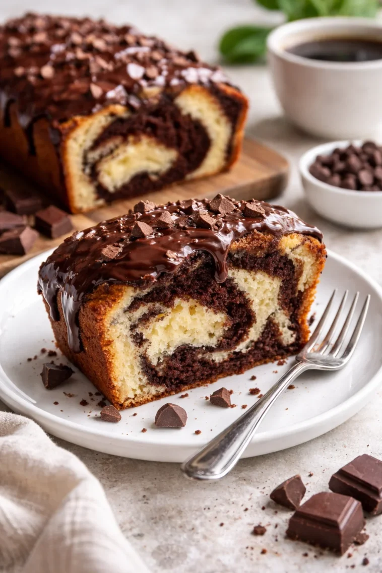 Saftiger Marmorkuchen auf einem Teller, ideal selbst gebacken.