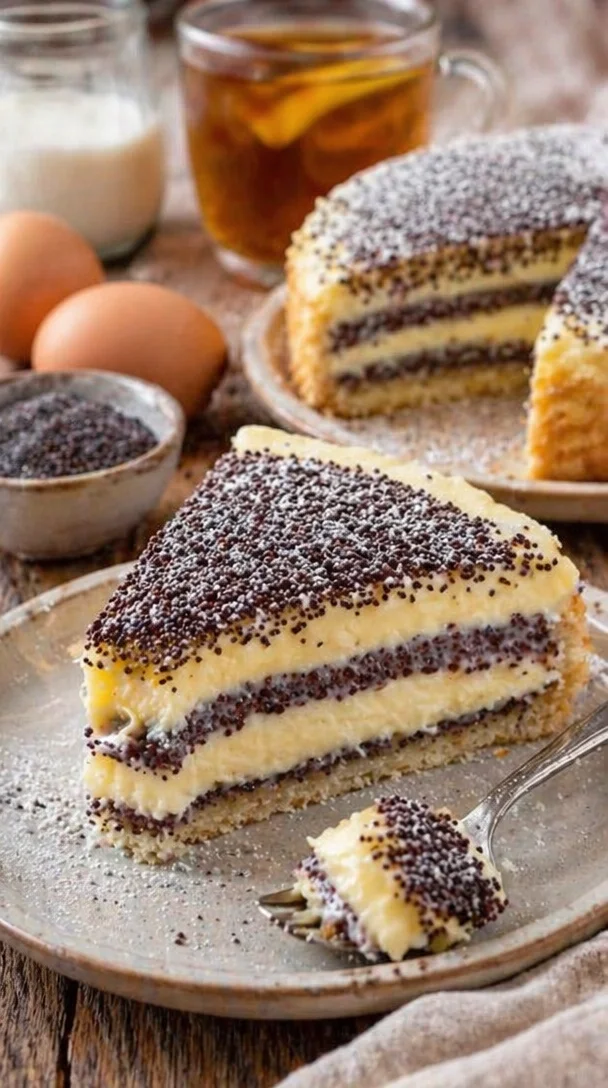 Saftiger Mohnkuchen mit Pudding und Schmand auf einem Teller