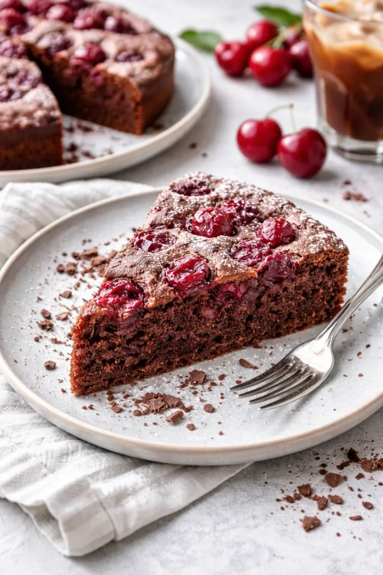 Saftiger Schoko-Kirsch-Kuchen mit Schokolade und Kirschen auf einem Teller
