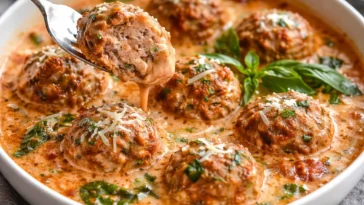Sahniger Wohlfühltopf mit Fleischbällchen, Pasta und frischem Spinat