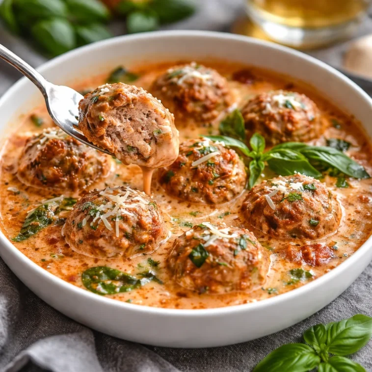 Sahniger Wohlfühltopf mit Fleischbällchen, Pasta und frischem Spinat