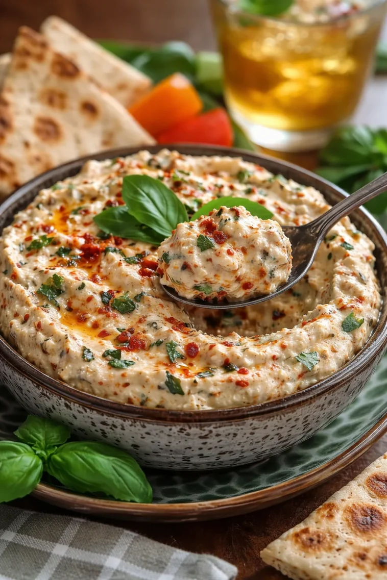 Scharfer Schafskäse Dip in einer Schüssel für Partys und Feiern