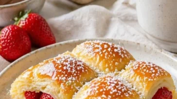 Schneller Blätterteigkuchen aus dem Eierkarton auf einem Teller serviert.