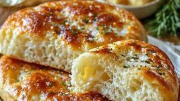 Schnelles Pfannenbrot ohne Hefe frisch gebacken auf einem Holzbrett