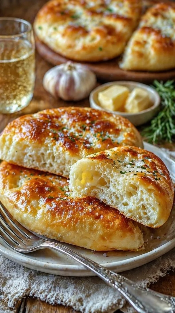 Schnelles Pfannenbrot ohne Hefe frisch gebacken auf einem Holzbrett